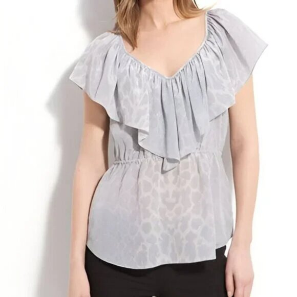 Rebecca Taylor Silver Gray Cheetah Airy Silk Ruffle Sleeveless Dress Top XS 2